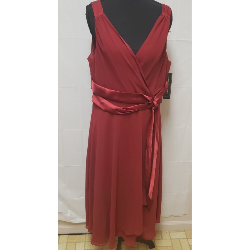 Jones Wear Lipstick Red Midi Wedding Formal Flare Satin Belt Dress Sz 16 NWT